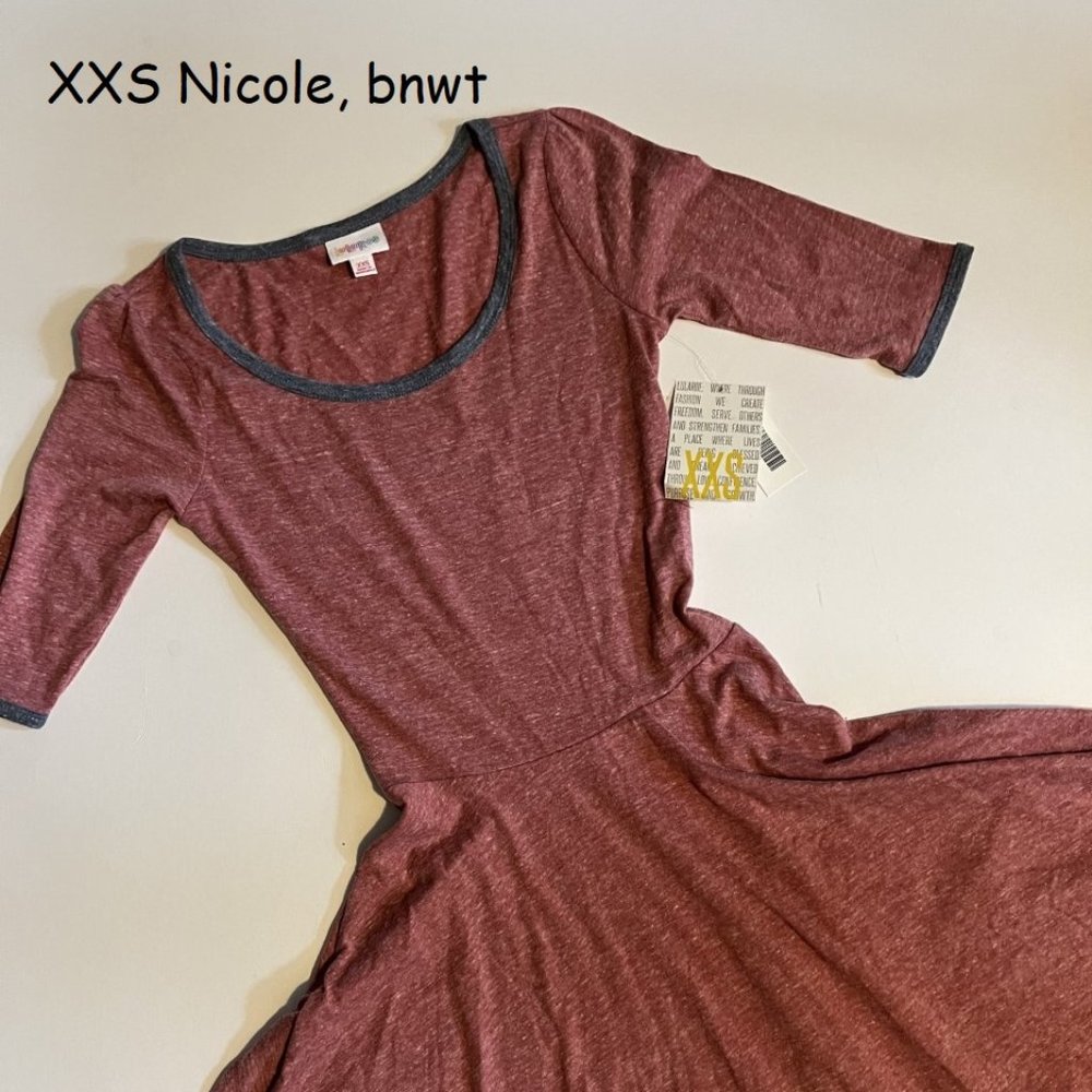 XXS Lularoe Nicole Dress, heather pink dress, grey trim